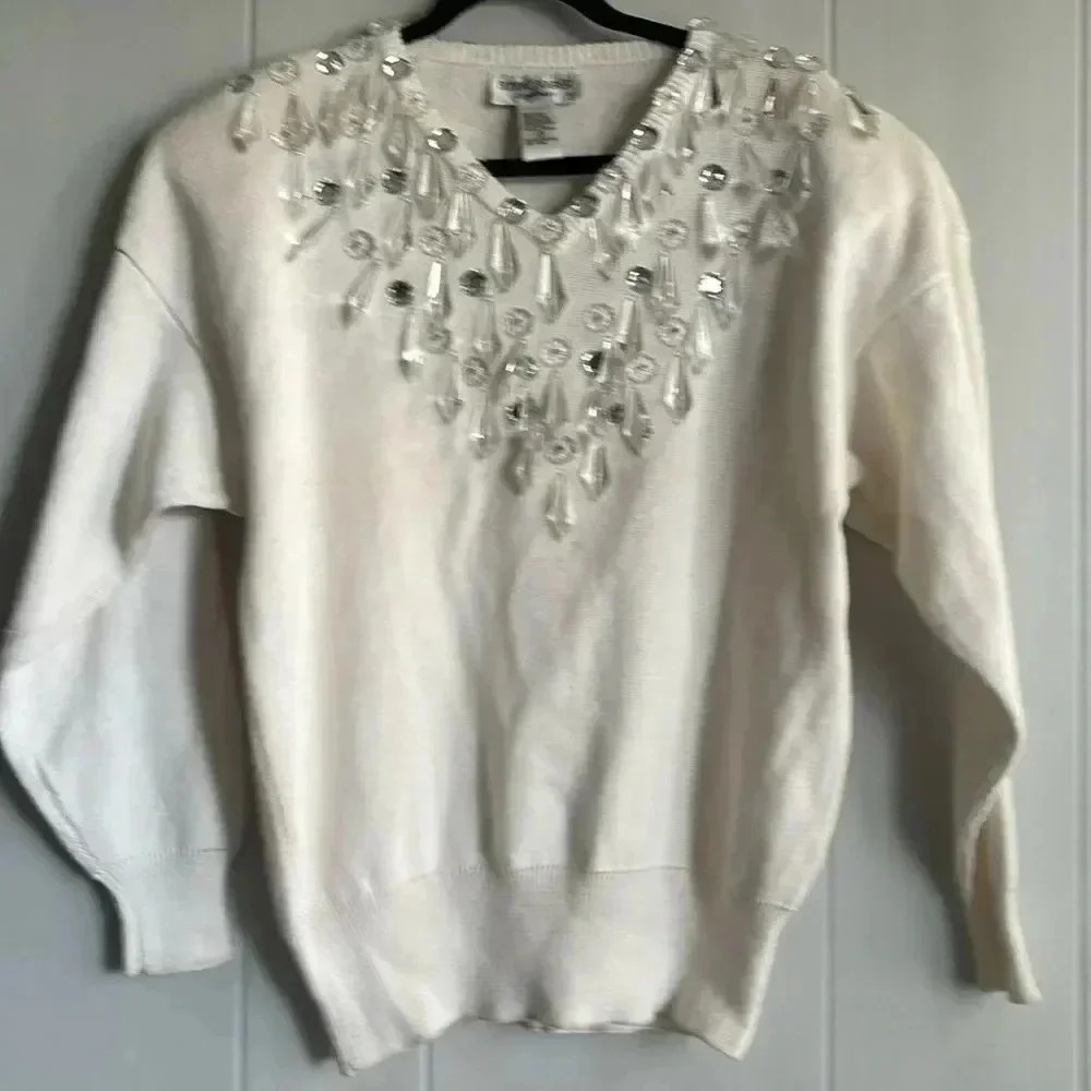Small Vintage Sweater Crystal Chandelier Prism Embellish White Bonnie Boerer 80s